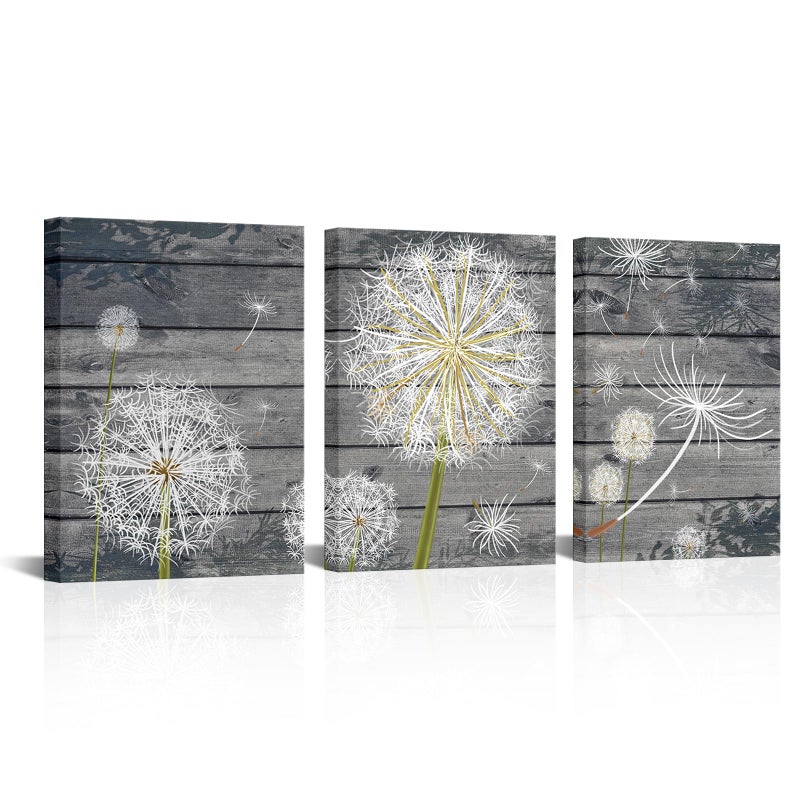Zlove Dandelion Wall Art Boho Floral Wall Decor Rustic Neutral Painting Print for Bathroom Home Decor, 12"x16", 3Pcs (Grey) - Image 1